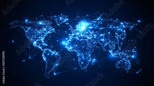Glowing Blue World Map Connected by Network Lines