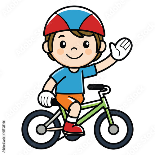 A happy and chill mood school boy cycling cartoon art illustration 