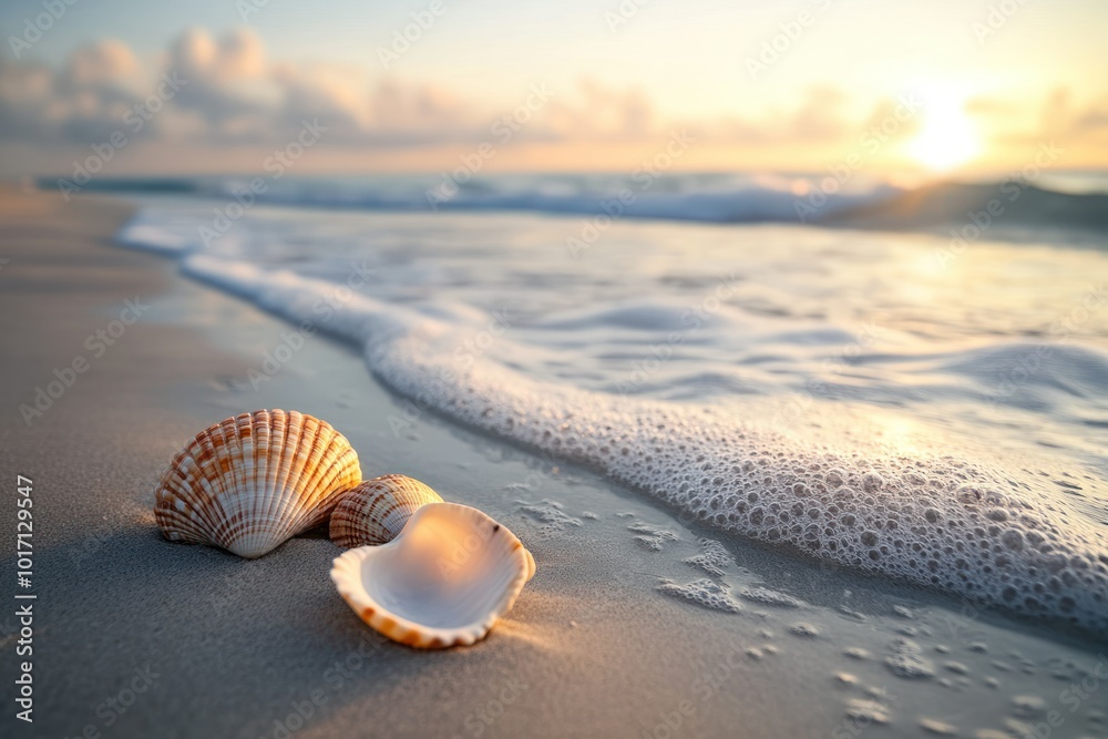 Obraz premium Seashells on a Sandy Beach at Sunset