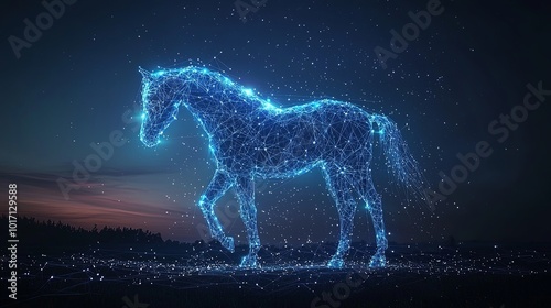 This image conveys a digitally rendered horse composed of illuminated lines standing elegantly at dusk, merging the boundaries between the earthly and cosmic realms.