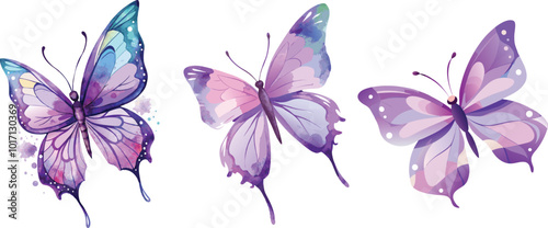 Violet purple butterflies watercolor hand painted clipart set illustration. Ideal design for decoration of postcards, party invitation, greeting cards, birthday, wedding design, Spring or summer.