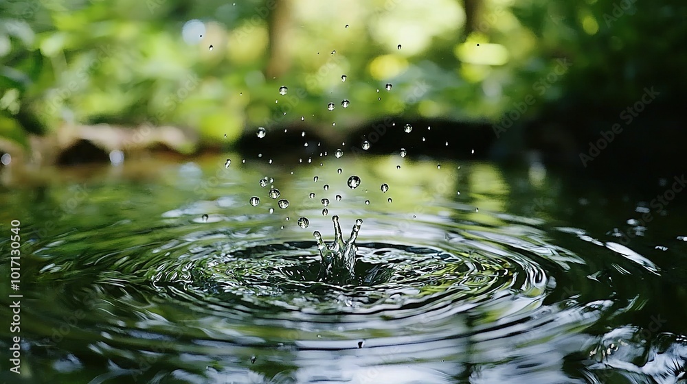 A serene view of water droplets splashing in a tranquil pond surrounded by lush greenery.
