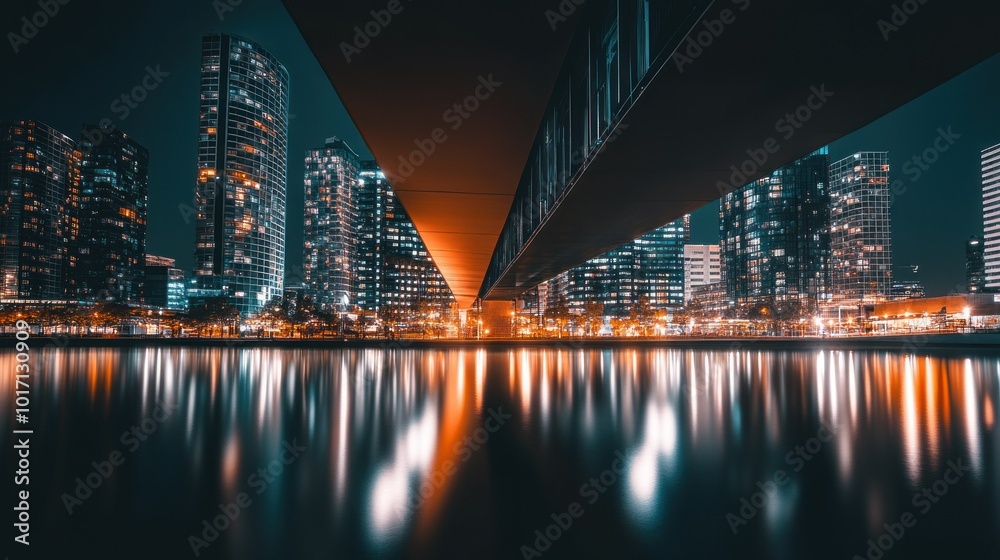 Fototapeta premium Nighttime View of Cityscape with Bridge Reflection in Water