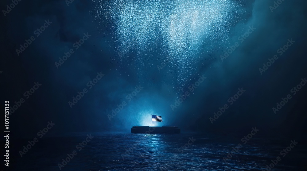 A serene night scene featuring a luminous source atop a rocky platform, surrounded by shimmering water and a misty sky.