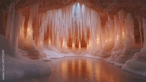 Icicle-filled ice cave opening to snowy forest landscape 