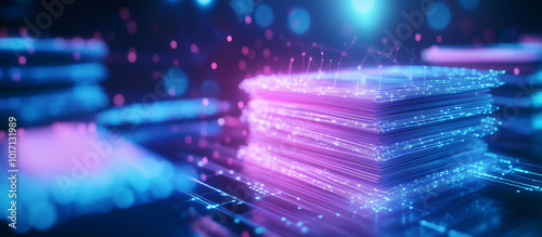 A futuristic visualization of Artificial Intelligence performing document analysis, where machine learning algorithms are depicted extracting data from stacks of unstructured docum photo