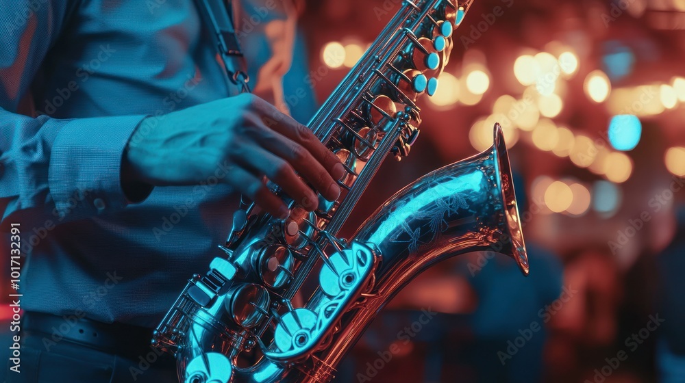 Close-up of a Musician Playing a Saxophone Under Colorful Lights Close-up of a Musician Playing a Saxophone Under Colorful Lights