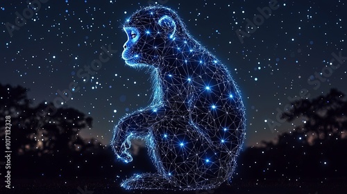 A monkey formed by technological, starlit connections gazes into the night, symbolizing the fusion of modern connectivity with timeless natural beauty.