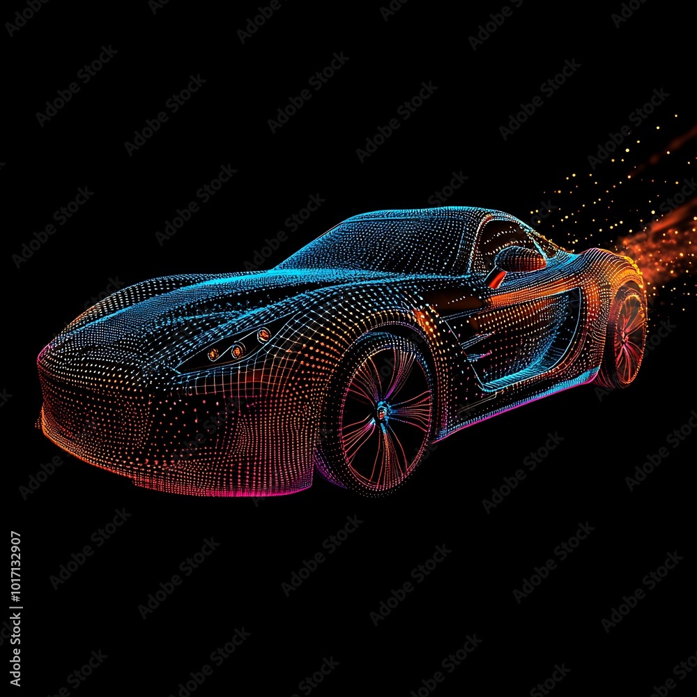 Naklejka premium Car Outlined In Futuristic Digital Dots Against Black Digital Screen neon color photo