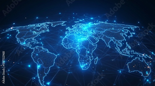 A glowing blue digital map of the world depicting global interconnectedness