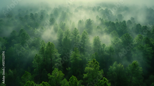 Foggy Forest Aerial Shot at Sunrise