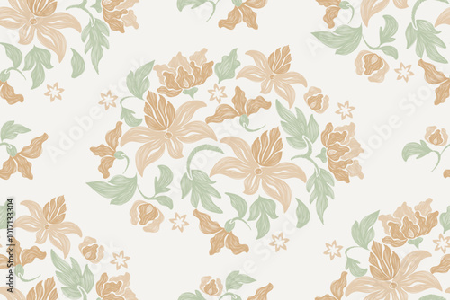 Pattern wallpaper flowers ethnic vintage lotus Chinese Indian embroidery Ikat textured design vector illustration. Orange floral on white background bohemian flower tapestry motif damask watercolour. 