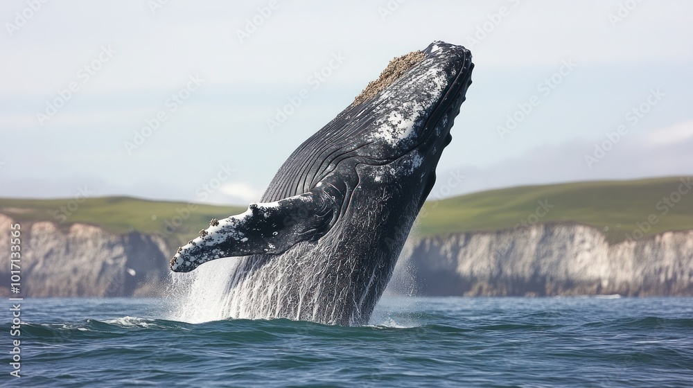 Fototapeta premium Humpback Whale Breaching With White Cliffs in the Background
