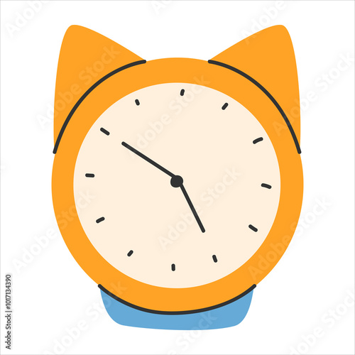 Watch in trendy style. Clock poster. Fashionable hand-drawn style clock icon.Alarm clock concept.Bell print, poster, banner.Vector EPS 10.