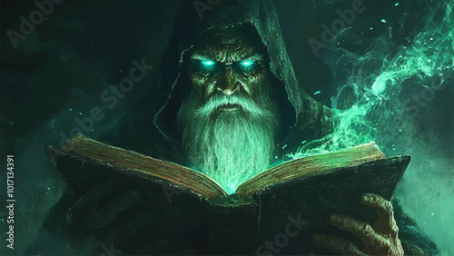 Old Adept of Black Magic in a Hood with a Beard and Glowing Turquoise Eyes Reading a Book of Spells with Mysterious Green Light Streaming Oil Painting Featuring Enigmatic Character