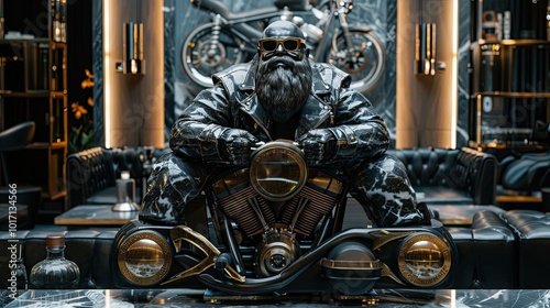 Marble statue with golden veins of a fat motorcyclist with a beard and golden glasses sitting in the middle of a modern lounge above the two V - cylinders of the motorcycle
