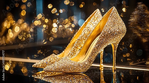 Shimmering gold high heels adorned with glitter, reflecting light beautifully, creating a luxurious and glamorous aesthetic.