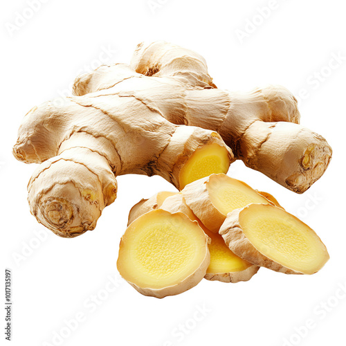 Fresh ginger root and slices on white background, showcasing the vibrant yellow interior and rough texture of the root. photo