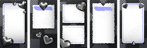 Brat set of metallic chromium hearts stories templates. Black and silver illustration in realistic style perfect for invitations, celebrations, social media