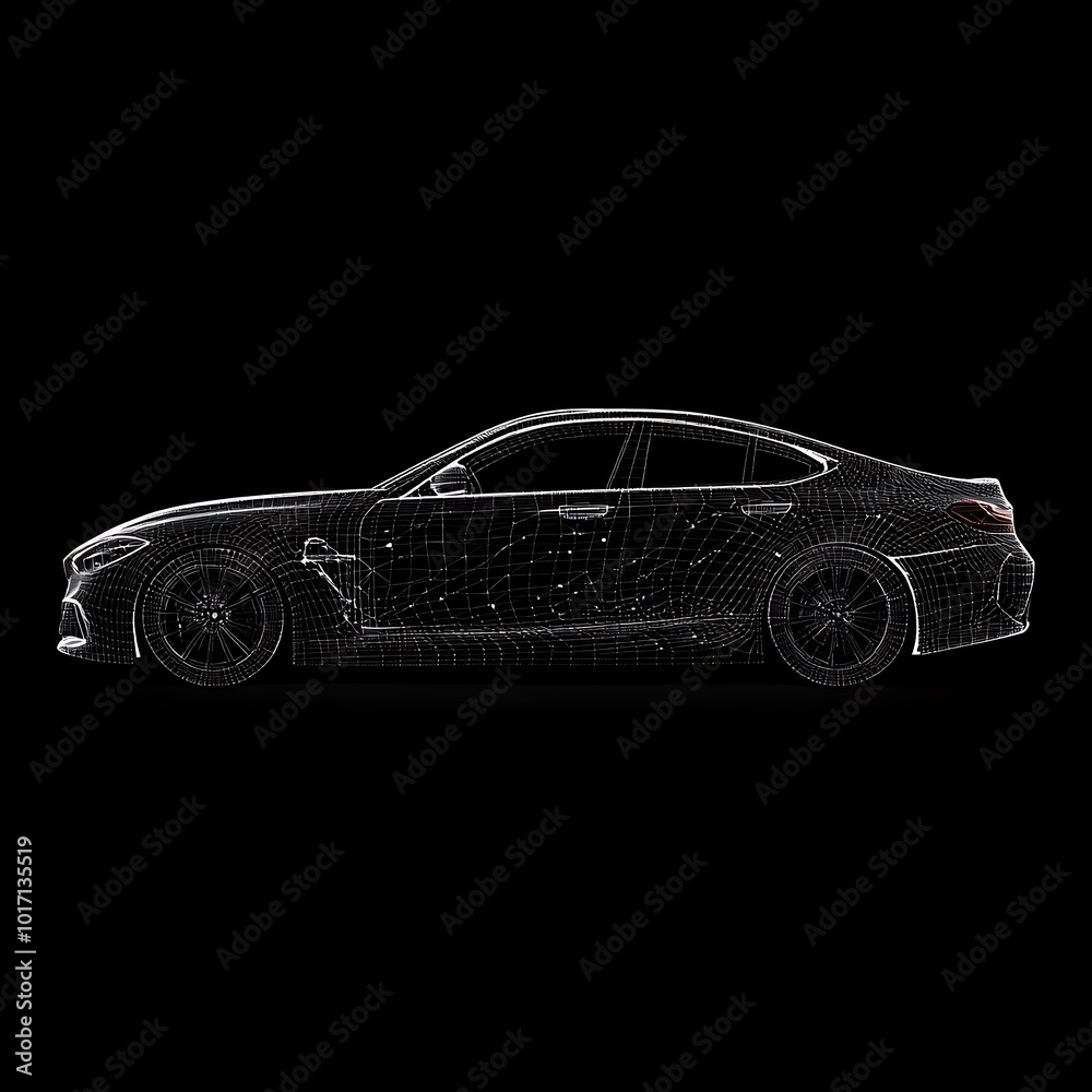 Naklejka premium Car Rendered In Minimalist Digital Dot Structure Against Black Background picture