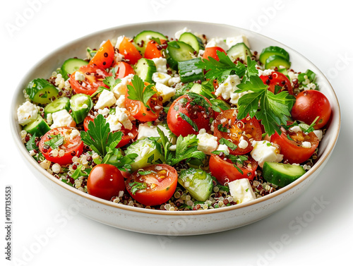 Fresh and colorful quinoa salad with cherry tomatoes and cucumbers photo