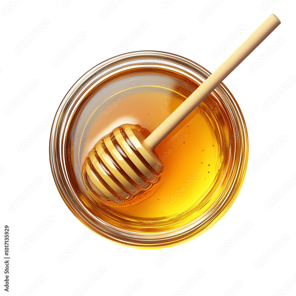 A top view of a honey jar with a honey dipper submerged in golden honey, showcasing its rich color and sweet texture against a white background.
