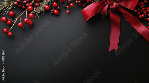 A black background with red berries and a red ribbon. The ribbon is tied in a bow. Concept of festivity and celebration