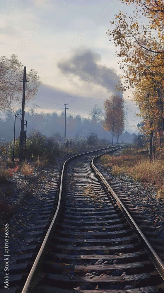 Fototapeta premium Curving Railroad Tracks Through a Misty Autumn Forest