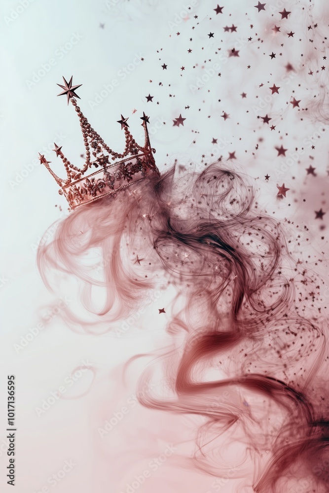 Fototapeta premium A regal crown surrounded by ethereal smoke and twinkling stars.