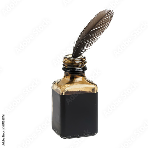 Vintage quill pen with an ink bottle on a white background. Classic writing tools symbolize traditional communication methods.