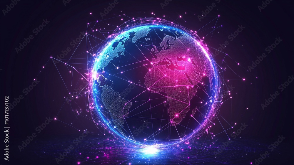 Obraz premium A glowing blue and pink digital globe with a network of lines and dots