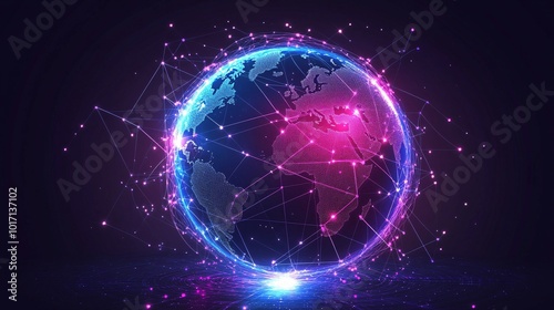 A glowing blue and pink digital globe with a network of lines and dots