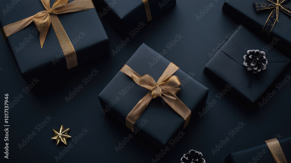 A row of black boxes with gold ribbons on them. The boxes are decorated with gold ribbons and are placed on a black background A row of black boxes with gold ribbons on them. The boxes are decorated with gold ribbons and are placed on a black background