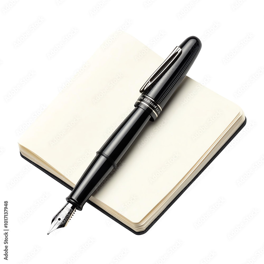 An elegant black fountain pen rests atop an open blank notebook, symbolizing creativity and potential for writing, journaling, or note-taking. An elegant black fountain pen rests atop an open blank notebook, symbolizing creativity and potential for writing, journaling, or note-taking.