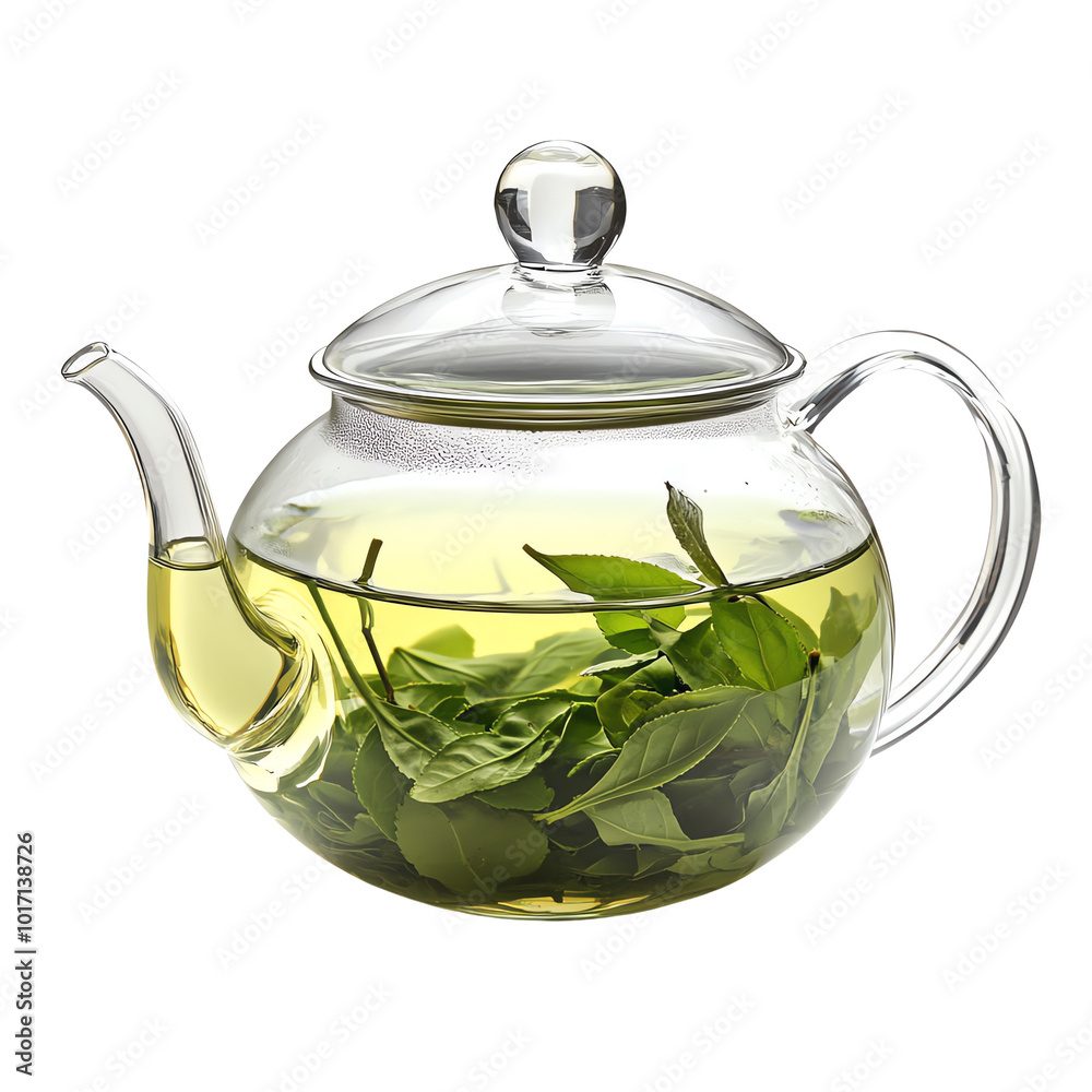 Elegant glass teapot with fresh green tea leaves, showcasing a serene brew. Perfect for a calming tea ritual or wellness concept. Elegant glass teapot with fresh green tea leaves, showcasing a serene brew. Perfect for a calming tea ritual or wellness concept.