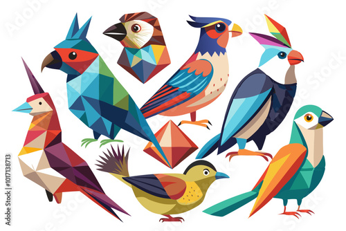 Parrots jungle tropical birds, cartoon style colorful vector set, budgie and finch flat vector illustration