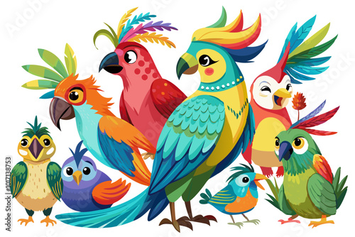 Parrots jungle tropical birds, cartoon style colorful vector set, budgie and finch flat vector illustration