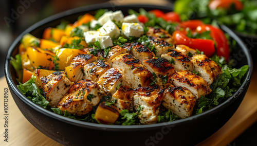 A vibrant salad featuring grilled chicken, fresh greens, bell peppers, and feta cheese, showcasing a healthy meal option.