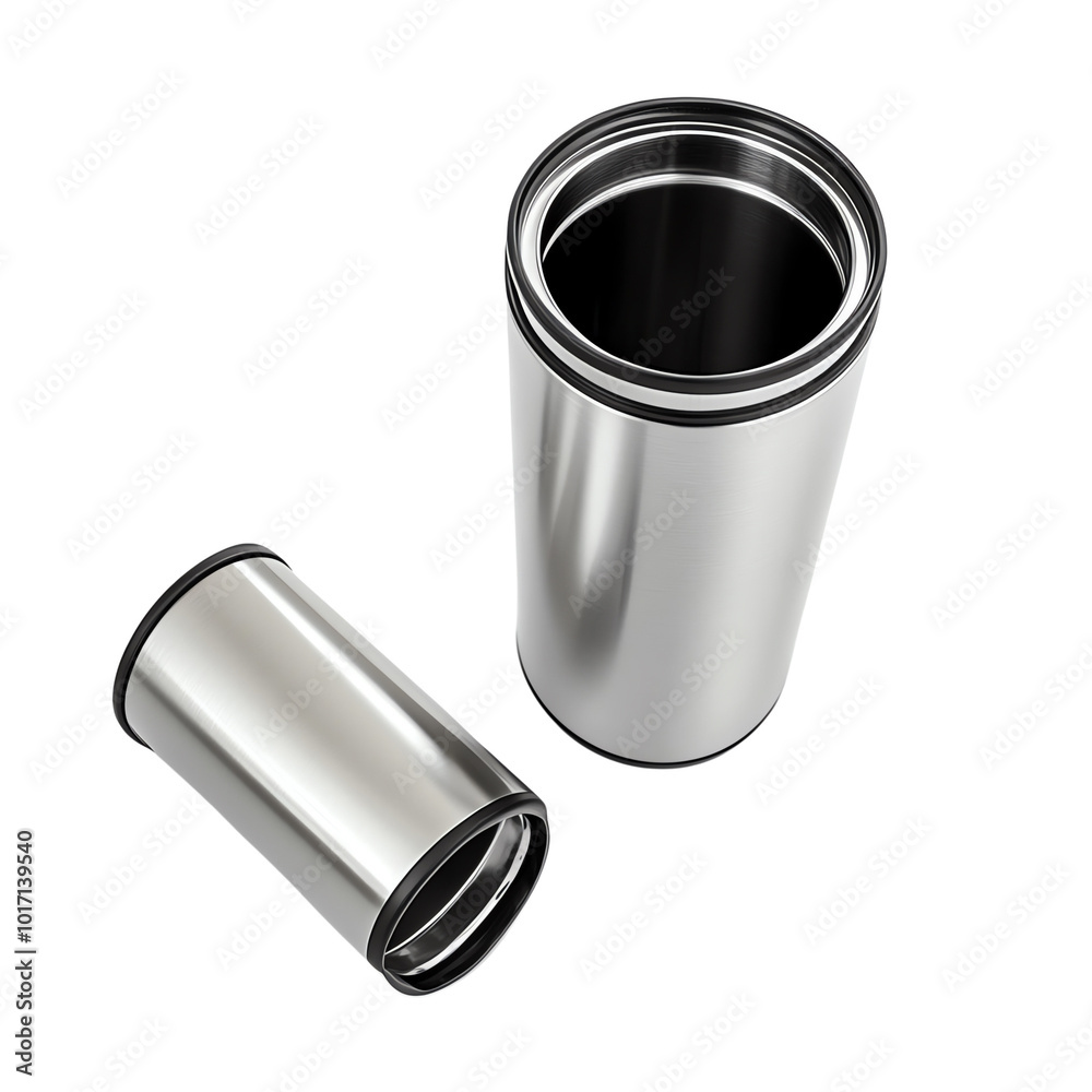 Close-up of a sleek, modern stainless steel thermos flask with an open lid, ideal for hot or cold beverages while traveling or at the office. Close-up of a sleek, modern stainless steel thermos flask with an open lid, ideal for hot or cold beverages while traveling or at the office.
