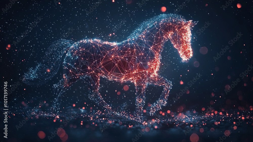 A stunning digital illustration depicting a horse formed by interconnected glowing red lines, illustrating a futuristic and dynamic art style against a dark background.