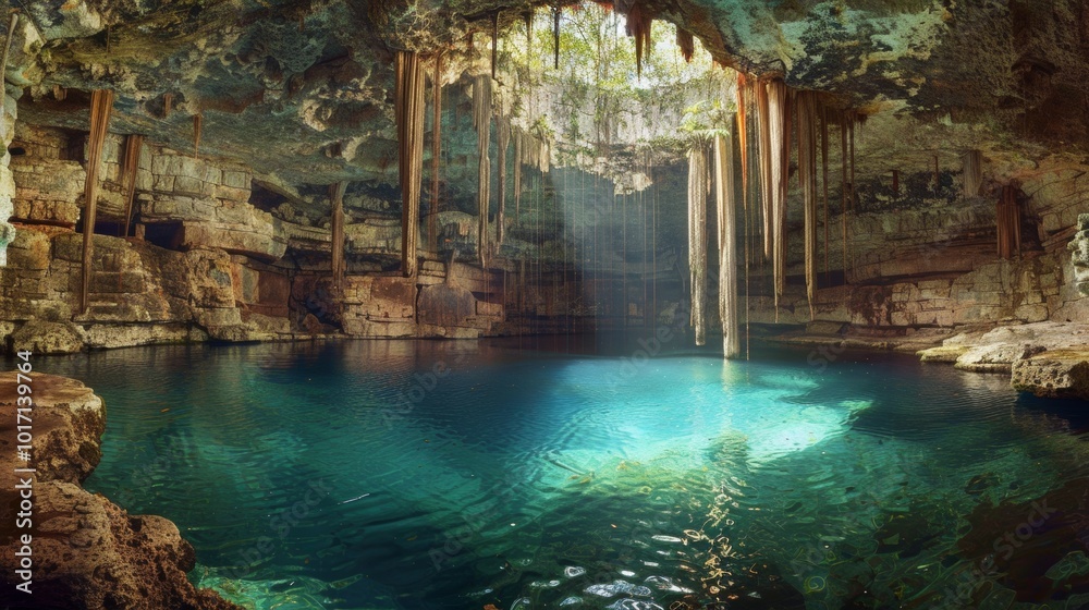 Captivating Cenote Hidden in Lush Tropical Landscape with Turquoise Emerald Waters and Dramatic Lighting Captivating Cenote Hidden in Lush Tropical Landscape with Turquoise Emerald Waters and Dramatic Lighting