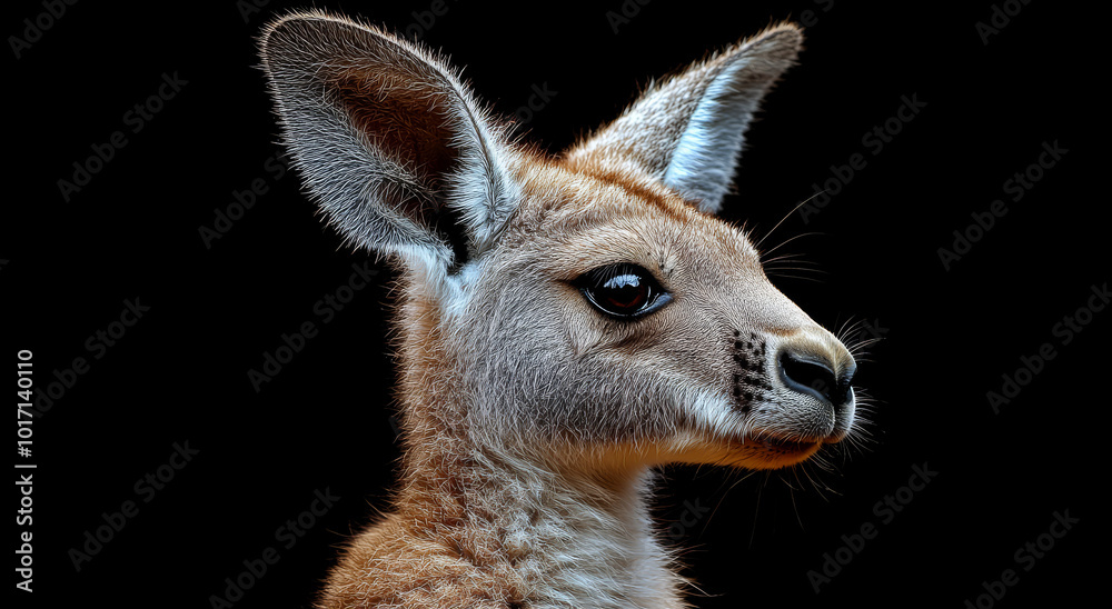 Obraz premium A close-up view of a young kangaroo's profile, showcasing its expressive features against a dark background.