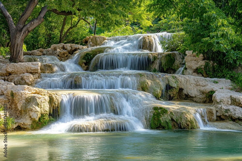 Cascading Waterfall Over Mossy Rocks and Lush Green Foliage Cascading Waterfall Over Mossy Rocks and Lush Green Foliage