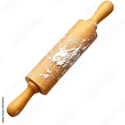 Wooden rolling pin dusted with flour, ideal for baking and pastry preparation, isolated on a white background.