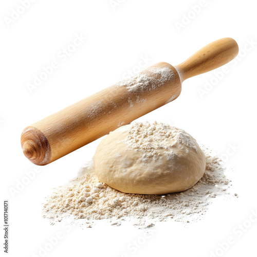 Wooden rolling pin dusted with flour next to a ball of dough, isolated on a white background, perfect for baking and cooking themes.