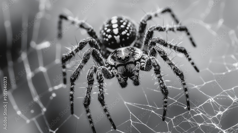 Fototapeta premium Close up monochrome spider on web with stripes for design concepts