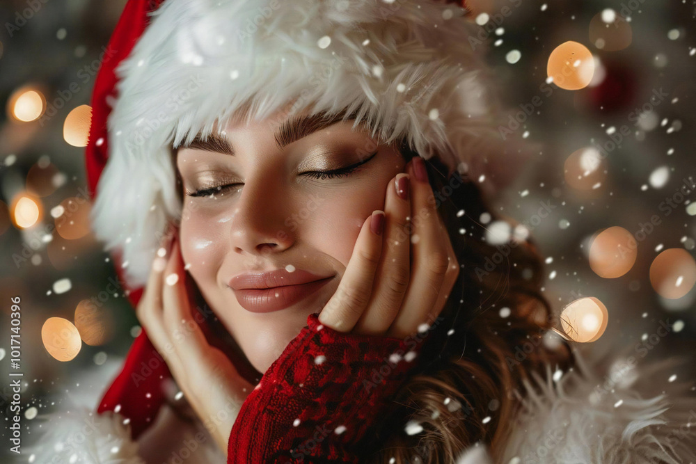 Santa Claus: Glowing Skin: Female Model Touching His Face - Beauty and Skincare Concept Santa Claus: Glowing Skin: Female Model Touching His Face - Beauty and Skincare Concept