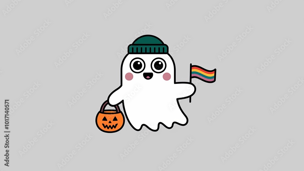 Fototapeta premium Minimalist Halloween Illustration of a Cute Ghost with Green Beanie Holding a Rainbow Flag and Pumpkin Basket Generative aI