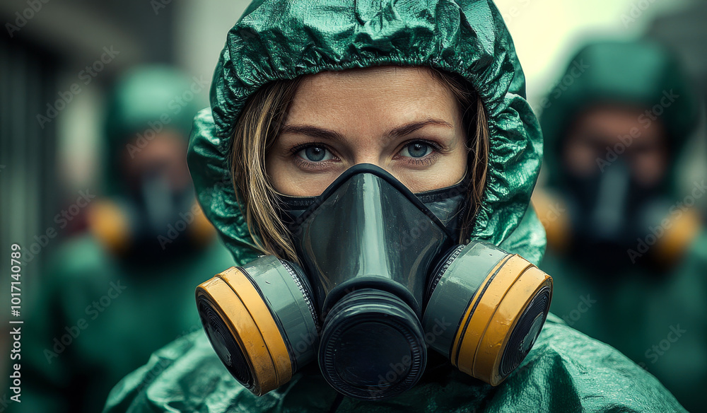 A team practices safety protocols wearing protective suits and masks, focusing on preparedness in a hazardous environment. A team practices safety protocols wearing protective suits and masks, focusing on preparedness in a hazardous environment.