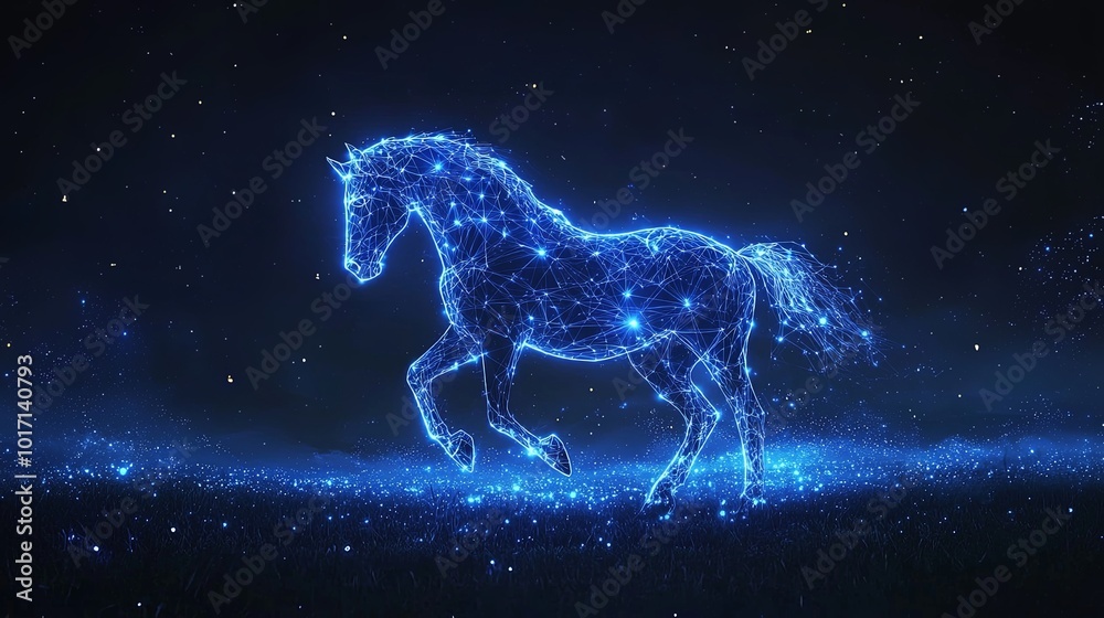 A radiant silhouette of a horse formed from cosmic threads and star elements, intertwining digital art with celestial imagery and ethereal aesthetics. A radiant silhouette of a horse formed from cosmic threads and star elements, intertwining digital art with celestial imagery and ethereal aesthetics.